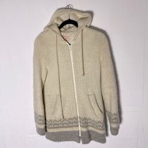 Vintage Jasper Cream Grey Pure Virgin Wool Knit Zip Front Hoodie L